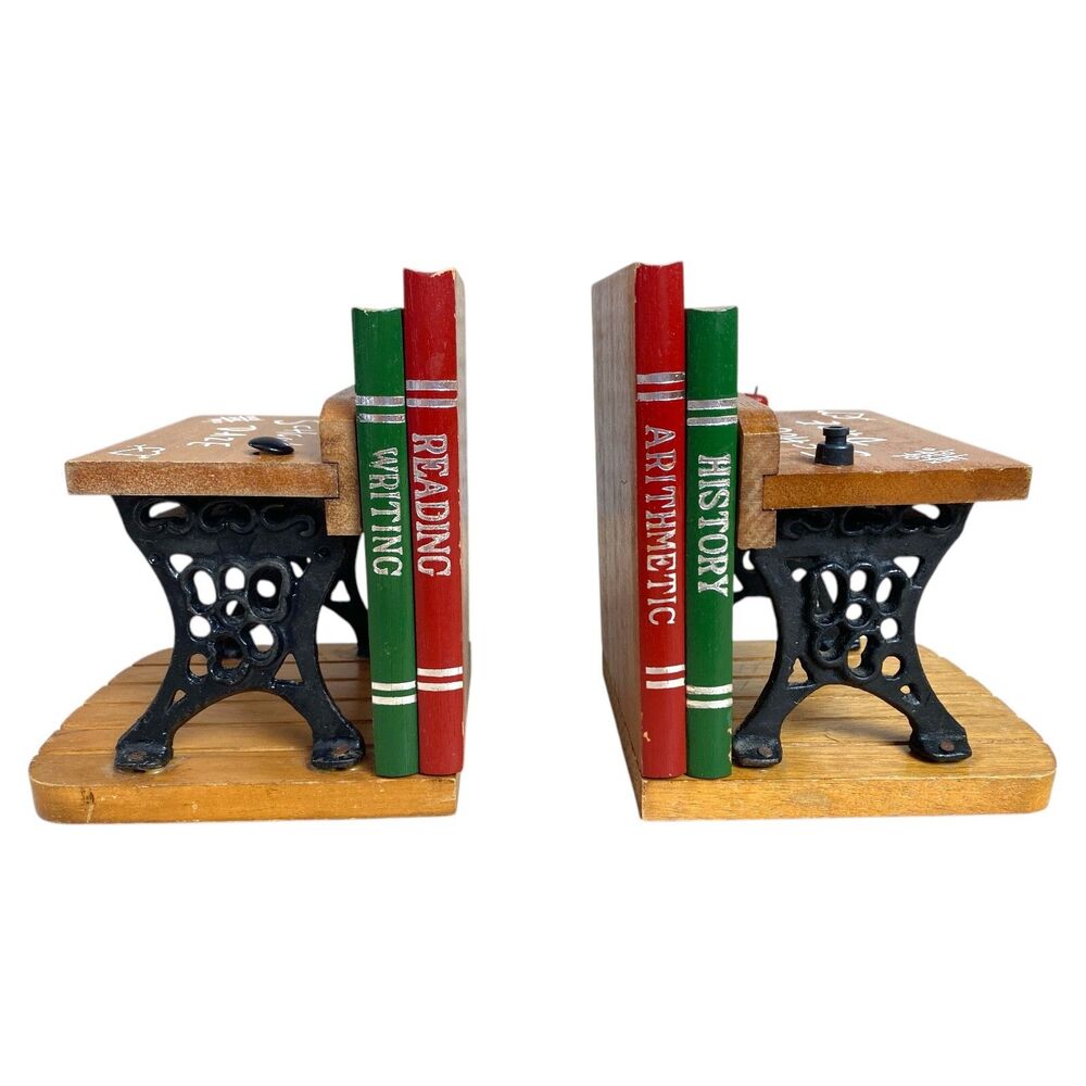 Vintage Enesco School Desk Bookends Wood & Metal “School Daze” Taiwan ROC - Picture 2 of 8
